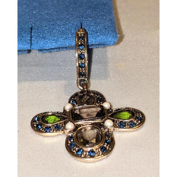 Vintage MONET Colored Rhinestone Cross Dangle Earrings Gold Tone 1.75" Signed - Picture 5 of 8